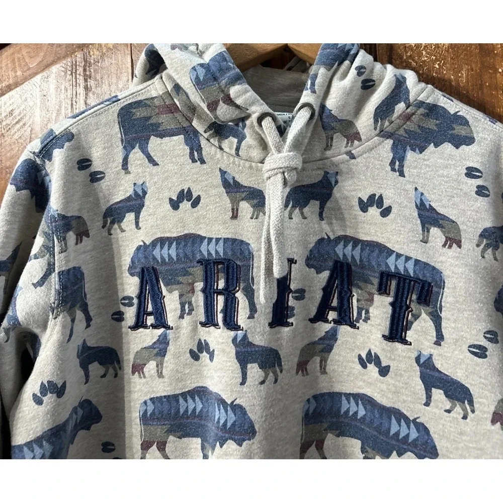 Ariat REAL AOP Sweatshirt Hoodie Womens All Over Print Wild Buffalo Wolf Small‎